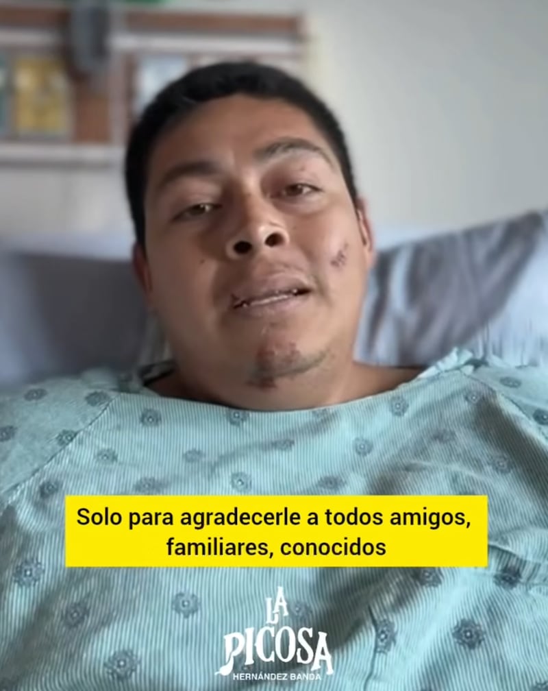 A member of the band La Picosa Hernandez, whose van crashed in McHenry July 12, 2025, is seen on a video from his hospital bed thanking fans and supporters.