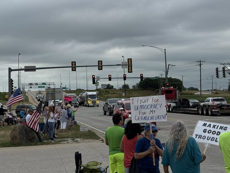 Protesters line Illinois Route 47 in Morris for a protest titled "Make Good Trouble," themed for late Congressman and Civil Rights leader John Lewis. Photo taken on Thursday, July 17, 2025.