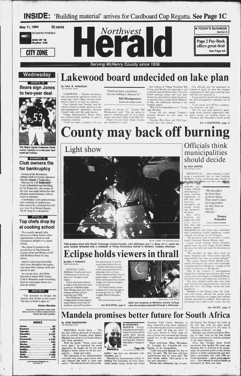 The cover of the Northwest Herald for May 11, 1994