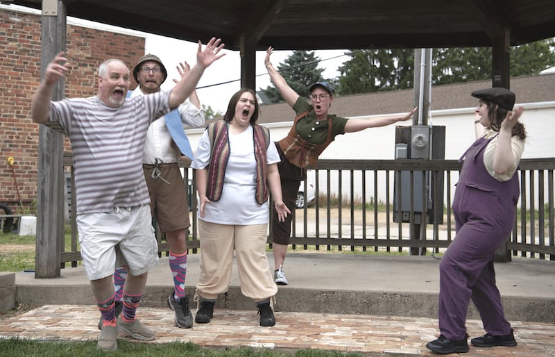 The “actors” Snout, Flute, Bottom. and Quince (Doug Smith, Stephen Ellis, Morgan Ayling, and Rebekah Megill) are startled and surprised by Puck. Kelsey Heslop.