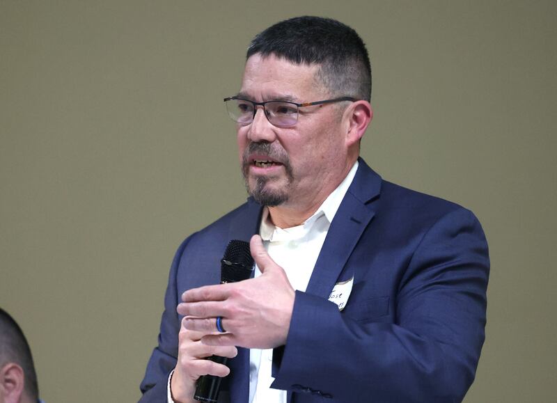 District 428 School Board candidate Jose Jaques speaks as other candidates listen in Thursday, March 20, 2025, during the DeKalb Area Rental Association and DeKalb Area Builders Association School Board Candidates Forum at Faranda's Banquets in DeKalb.