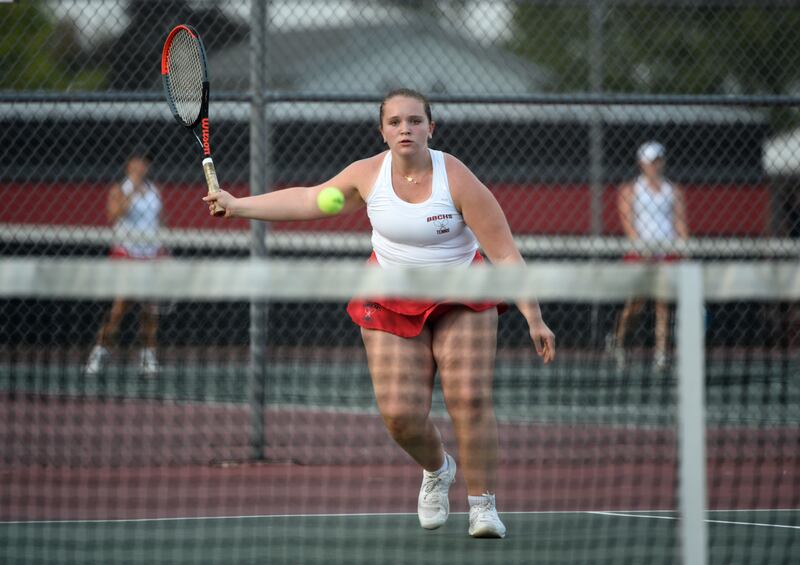 Bradley-Bourbonnais' Mary Claire looks to return a hit in the first place singles match of the All-City tournament against Kankakee on Wednesday, October 1, 2025.