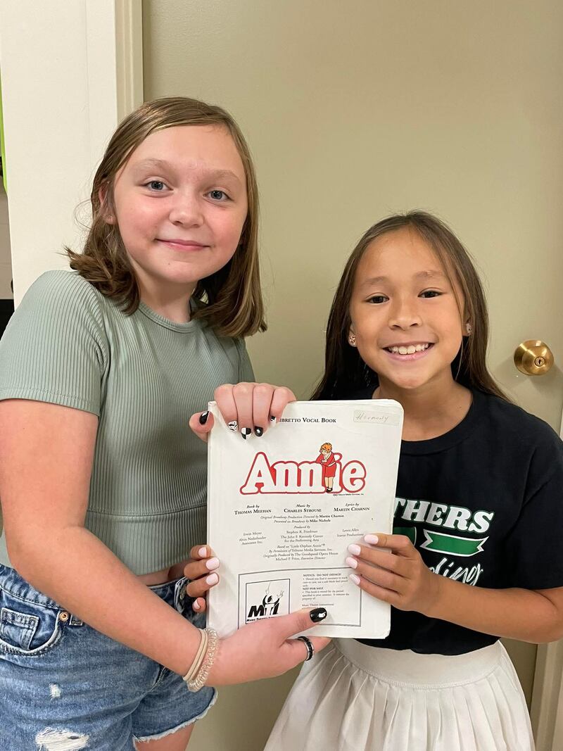 Harmony Wright (left) and Johanna Choi promoting the Indian Valley Theatre production of “Annie, The Musical” on Friday, Oct. 10, 7 p.m., Sat., Oct. 11 and Sun., Oct. 12. at the Sandwich Opera House.