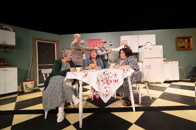 The cast of the Performing Arts Guild’s rendition of “Crimes of the Heart” starts its rehearsal Tuesday, April 29, 2025, for its weekend performances. Appearing are (front row from left) Mary Cheatwood as Lenny Magrath, Ranae Taylor as Babe Botrelle and Natalie Coy as Chick Boyle; and (back row from left) Dennis Cheatwood as Barnette Lloyd, Peter Raum as Doc Porter and Mary Mead-Cantrell as Meg Magrath.