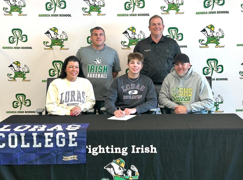 Seneca's Ryker Terry, an honoree on the 2024 Times All-Area Golf Honor Roll, has committed to continue his education at Loras College in Dubuque, Iowa, and his golf career at the NCAA Division III level with the Duhawks. Pictured here at his signing ceremony are (left to right): in front - Heather Terry, Ryker Terry and Justin Terry; in back - Seneca High School's Ted O'Boyle and Bryan Erickson.