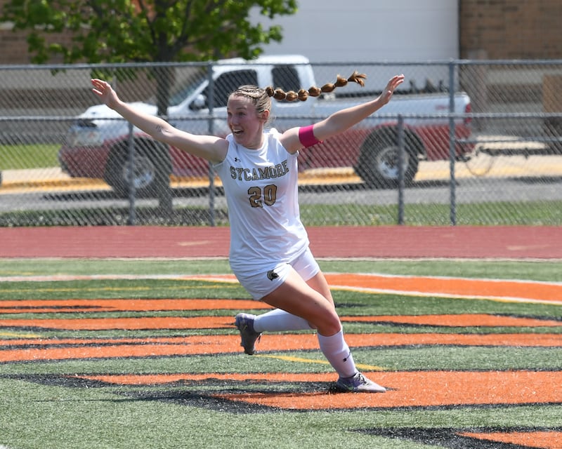 Sycamore’s Cortni Kruizenga celebrates after she scores a goal on Saturday May 10, 2025, while traveling to take on DeKalb High School.