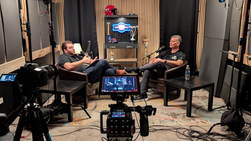 Ray Scarpelli III and his father, Ray Scarpelli Jr., of the Ray Auto Group in Fox Lake tape an episode of their new podcast, "The Road Ahead," at Sleepy Dog Creative in Volo. The podcast launches Thursday, June 11.