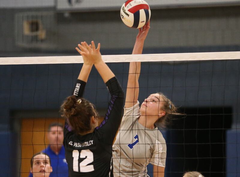 Princeton's Kathy Maciczak sends the ball past El Paso-Gridley's Eliza Meiss in the Class 2A Regional Semifinals on Tuesday, Oct. 29, 2024 at Fieldcrest High School.