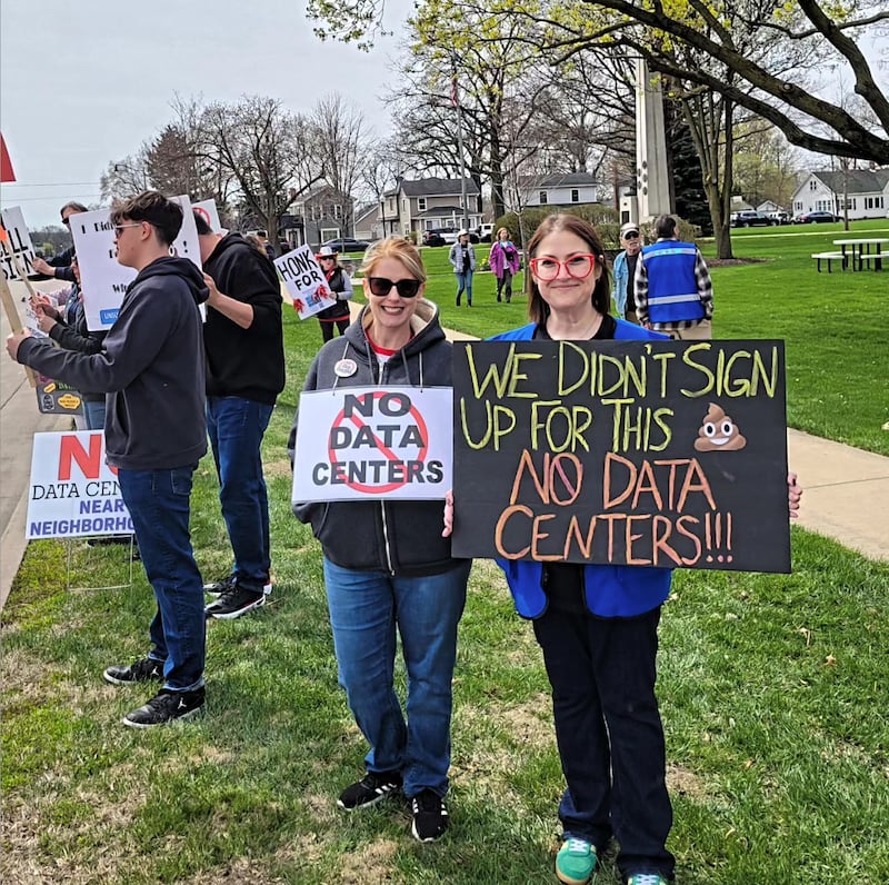 Residents lined Town Square Park in Yorkville on April 11, 2026, to protest the city's slew of planned data center projects.