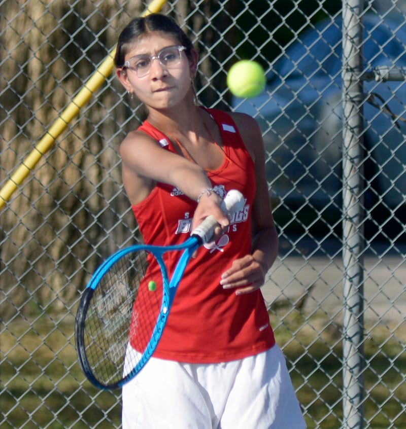 Streator No. 1 singles player Garvi Patel returns a serve against Princeton on Tuesday, Sept. 16, 2025, at Streator.