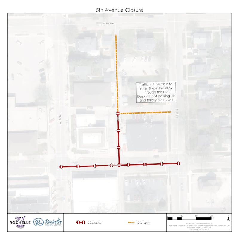 As part of the downtown reconstruction project, the city of Rochelle’s contractor, Helm Electric, will close the 400 block of Fifth Avenue for the week of March 16 to install underground electrical infrastructure.