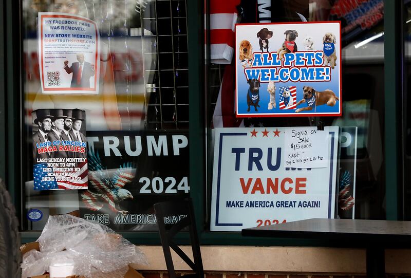 Signs in the window of the Trump and Truth Store on Route 47 on April 22, 2025, in Huntley.