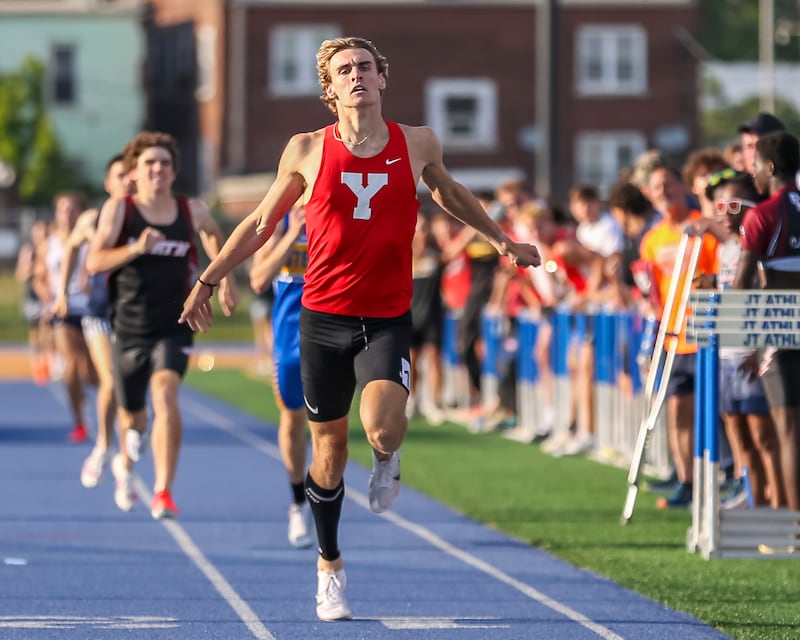 Yorkville's Owen Horeni wins the 800m in dominant fashion during Southwest Prairie Conference Boys Track and Field Meet Wednesday, May 14, 2025 in Joliet.