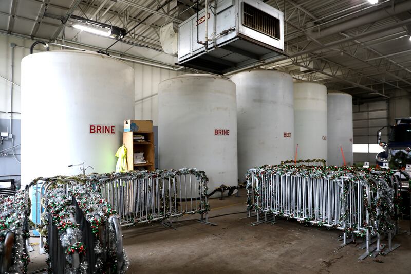 Brine and other liquids sit in indoor tanks at the Oswego Public Works headquarters.