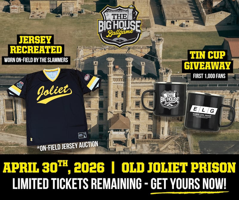 Joliet Slammers promotional photo shows jersey being worn at The Big House Ballgame and tin cup to be given away to first 1,000 fans at the game being played at the Old Joliet Prison on April 30. April 6, 2026