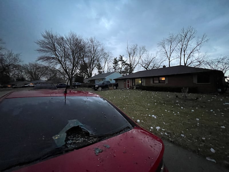 A vehicle's rear window is damaged by hail in West Kankakee following the storms on Tuesday, March 10, 2026.
