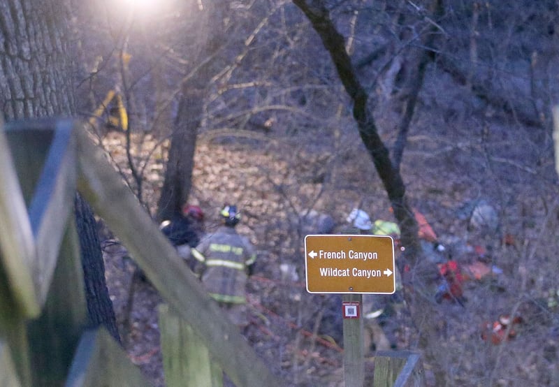 Firefighters lift two patients from French Canyon who fell 20-30 feet on Tuesday, April 1, 2025 at Starved Rock State Park. A Mutual Aid Box Alarm System (MABAS) prompted rope and rescuers as far as Marseilles and Princeton.