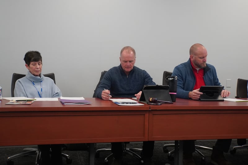 From left to right: Rochelle Township High School District Board of Education Members Laurie Pillen, Jeff Tilton and Bobby Chadwick participate in a meeting on Tuesday, Jan. 20, 2026.