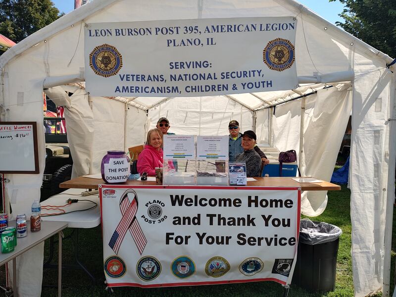 Plano American Legion Post #395 manned an information and membership booth at the 2025 Sandwich Fair with daily 50/50 raffles, grill raffles, and pop and water. Pictured are some of the Plano American Legion Post and Auxiliary workers – Kathy, Phil, Cliff, and Irene.