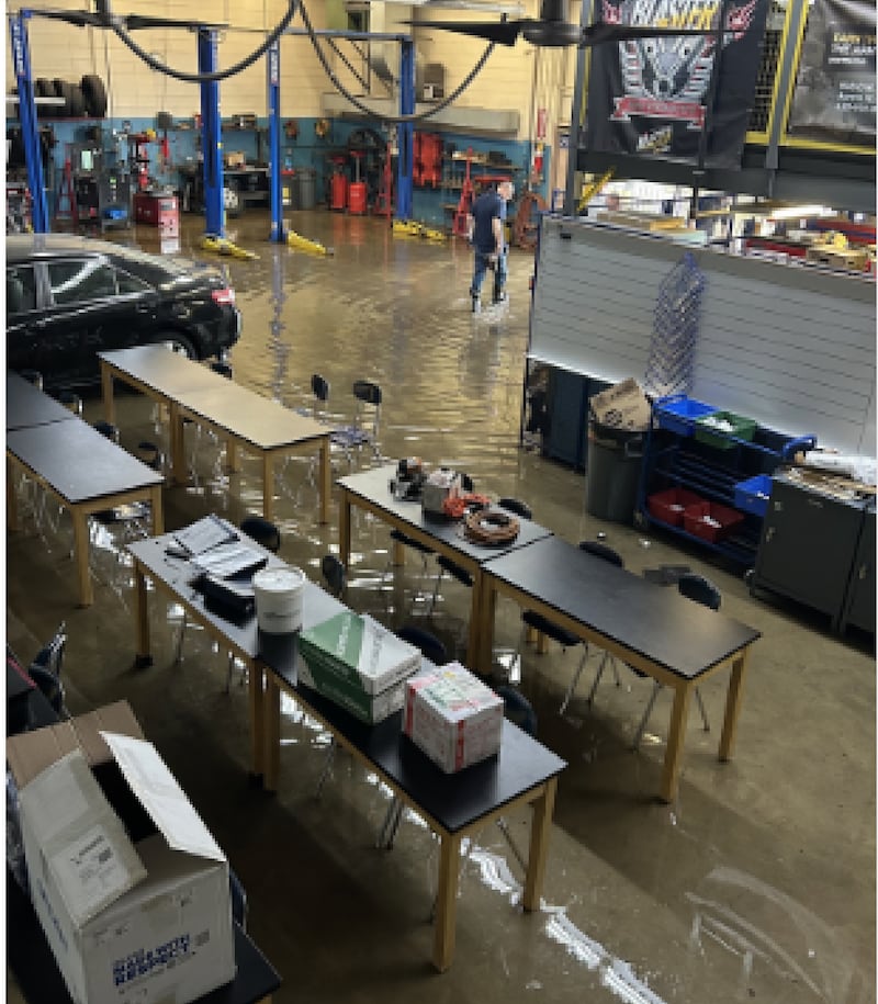 Several inches of water rushed into the auto shop at Oswego High School during a storm on May 18, 2026.