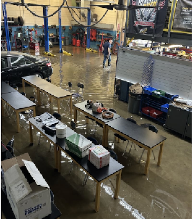 Several inches of water rushed into the auto shop at Oswego High School during a storm on May 18, 2026.