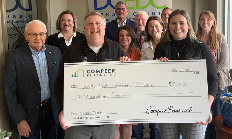 DeKalb County Economic Development Corporation members receiving a $50,000 grant from Compeer Financial to support DeKalb County rural initiatives