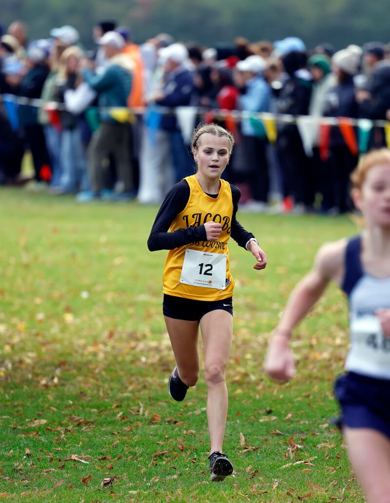Lennox Szymonik of Jacobs during the IHSA Class 3A Hoffman Estates cross country sectional Saturday, Nov. 1, 2025 at Busse Woods in Schaumburg.