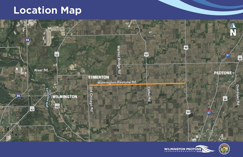 The project map for the 9.3-stretch of Wilmington-Peotone Road that will be discussed at an open house meeting at Wilton Township Community Center, 14355 W. Joliet Road in Manhattan on Wednesday, May 20, 2026.