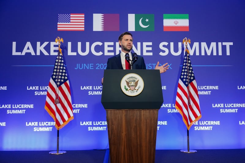 Vice President JD Vance speaks to members of the media after the U.S. and Iran held high-level talks at the Bürgenstock Resort in Obbuergen, near Lucerne, in Switzerland, Monday, June 22, 2026. (Nathan Howard/Pool Photo via AP)