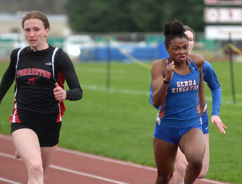 Forreston's Bree Schneiderman (left) edges Genoa-Kingston's Natasha Bianchi at the finish of the 100 meters during the Landers-Loomis Invitational track meet on Friday, April 25, 2025 at Oregon High School. Schneiderman won the race in 12.90 seconds.