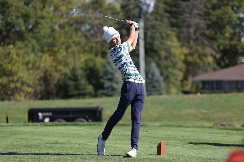 Providence’s Alex Hartman tees off 15th hole in the Class 2A Lemont Boys Golf Sectional on Monday, Oct. 7, 2024 at Wedgewood Golf Course in Lemont.