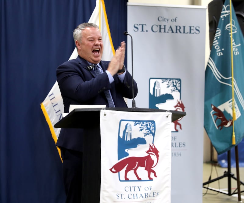 St. Charles Mayor Clint Hull celebrates after being sworn in on Monday, May 5, 2025 at the St. Charles Fire Department.