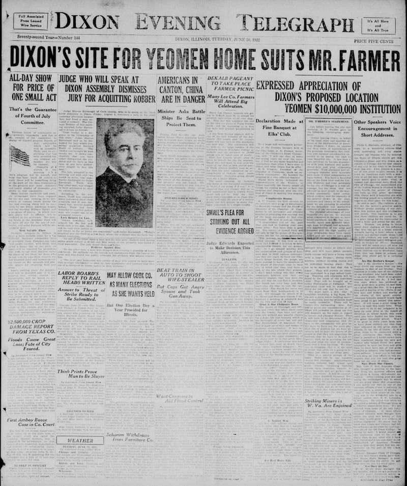 The cover of the Dixon Evening Telegraph for June 20, 1922