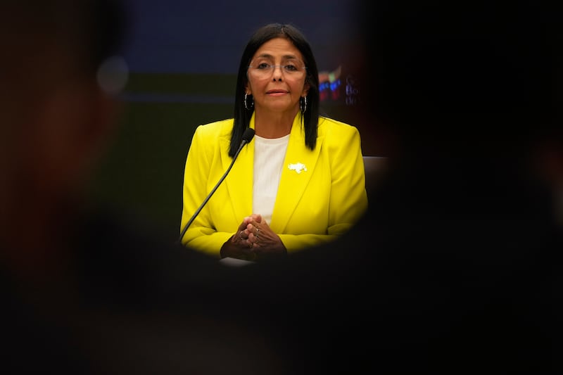 Venezuelan Vice President and Oil Minister Delcy Rodriguez gives a press conference at the Miraflores presidential palace in Caracas, Venezuela, March 10, 2025. (AP Photo/Ariana Cubillos, File)