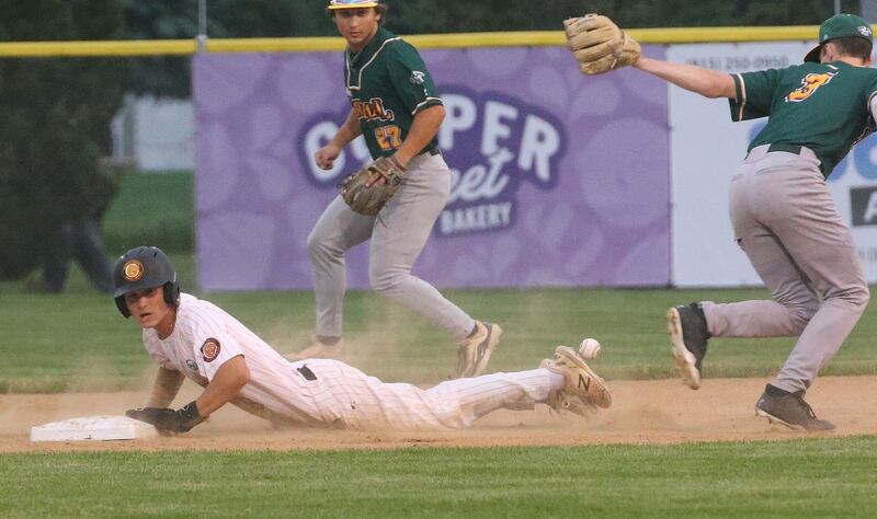 Illinois Valley Pistol Shrimp's Justin Lang of Palos Heights, steals second base against the Normal Cornbelter during the Illinois Valley Pistol Shrimp home opener on Friday, May 30, 2025 at Schweickert Stadium in Peru.