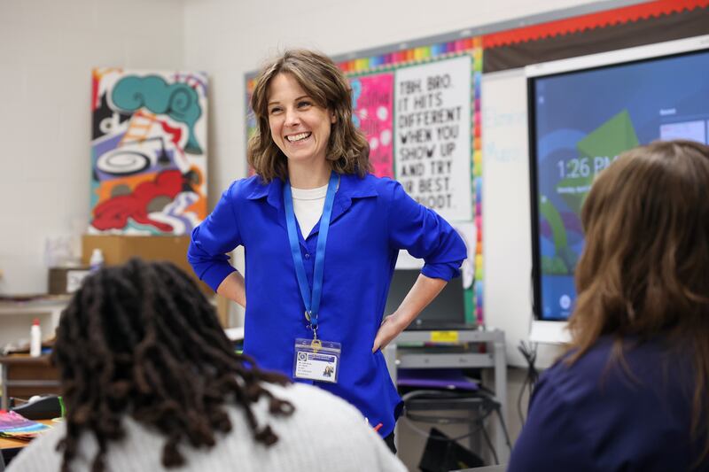 Art teacher Amber Burks interacts with her students at Lorenzo R. Smith School in Hopkins Park during class on Monday, April 14, 2025.