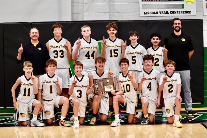 Putnam County def. Kewanee Wethersfield 38-33 to capture the IESA 2A 8th grade regional championship on Thursday, Jan. 29. The Pumas (21-3) return to Wethersfield to meet Serena (19-6) for the sectional championship at 6 p.m. Monday. Team members are (front row, from left) Calvin Fiedler, Anthony Popurella, Cayden Bush, Luke Gabrielse, Hayden Doyle, Garrett Billups and Davis Carlson; and (back row) Coach Brett Carlson, Eli Pennell, Brendan Linton, Nolan Weddell, Camden Moriarty , Geoffrey Pagani and Coach TJ Askeland.