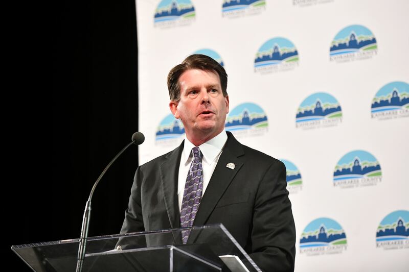 Kankakee Mayor Chris Curtis speaks about the City of Kankakee during the 2023 State of the County address hosted by the Kankakee County Chamber of Commerce at Olivet Nazarene University.