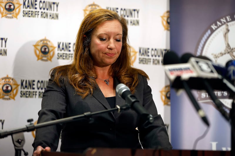 Kane County State's Attorney Jamie announces her findings during a press conference Friday, April 11, 2025 at the Kane County Sheriff's Office in St. Charles Ill that three Kane County deputies were justified when they shot and killed James Moriarty on May 24, 2023 on Randall Road in Batavia.