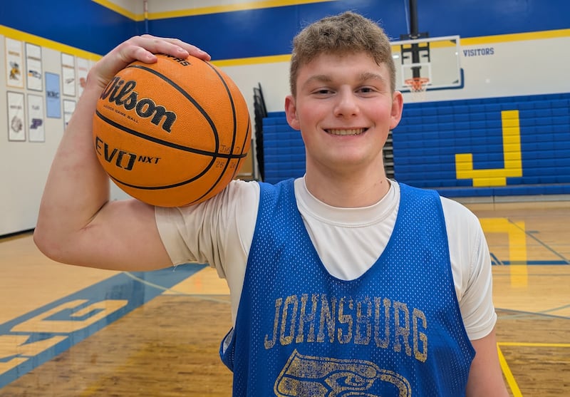 Johnsburg senior guard Jayce Schmitt poses for a picture at practice Wednesday, Feb. 11, 2026, at Johnsburg. Through Thursday, the three-year varsity starter is averaging 12.8 points and 6.6 rebounds a game for the Skyhawks, who sit atop the Kishwaukee River Conference standings.