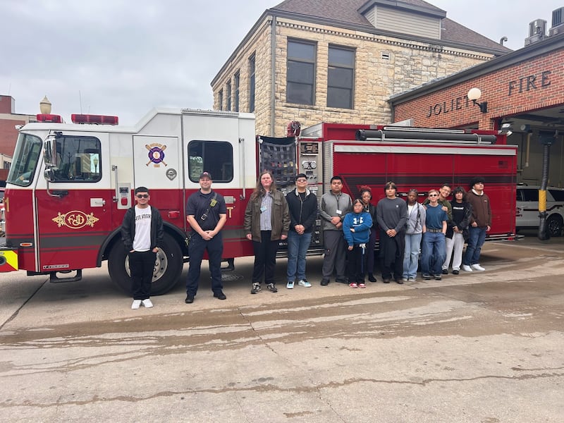 Joliet Central JROTC cadets visited the Joliet Fire Department for first aid training and to learn about emergency response careers.
