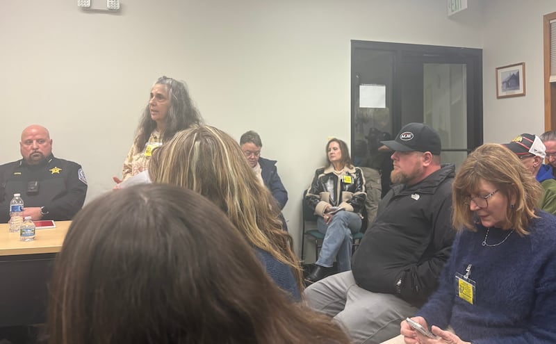 Prairie Grove resident Dotty Painter speaks during public comment of the Prairie Grove board meeting opposing a possible battery facility on Jan. 6, 2026.