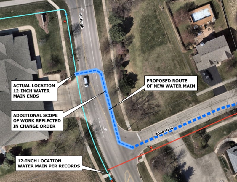Construction crews in Yorkville are working on the Bluestem Water Main Replacement project. An extra 175 feet of water main needs to be extended from the newly installed pipes to the Heartland Meadows subdivision along McHugh Road.