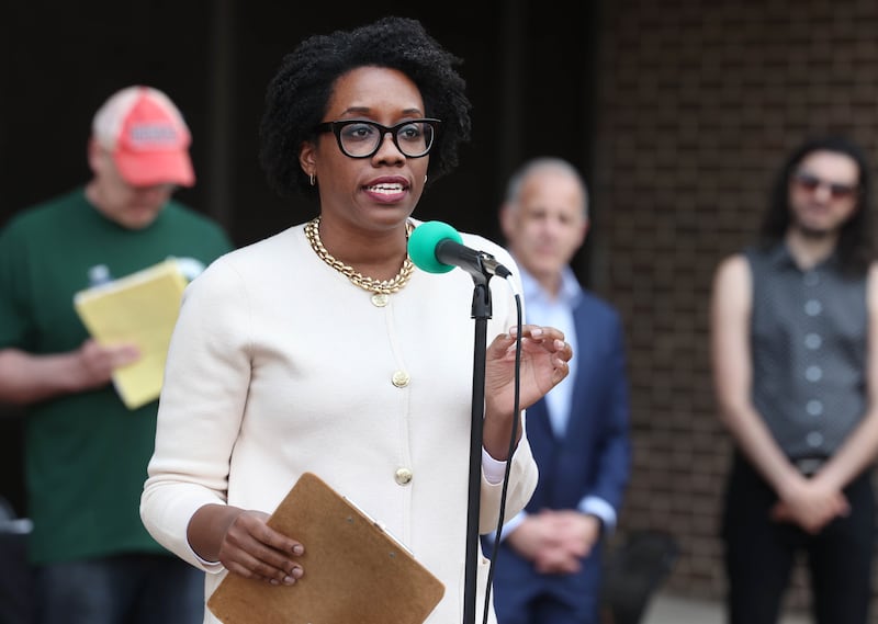U.S. Rep. Lauren Underwood, D-Naperville, speaks Wednesday, April 23, 2025, during a rally to support Northern Illinois University’s international students, faculty and staff. The event was held in front of Founders Memorial Library at NIU in DeKalb.