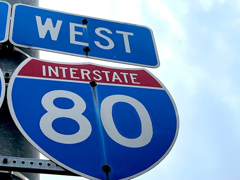 A sign for the westbound direction of Interstate 80 seen on Aug. 15, 2024, in Joliet.