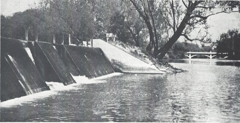 This photo shows part of the old State Fish Hatchery spillway on the north bank of the Fox River. In 1956 the property was purchased by the Yorkville-Bristol Sanitary District and is the site of their treatment plant. Despite all the new construction around the facility, part of the concrete structure is still visible today. (Record file photo)
