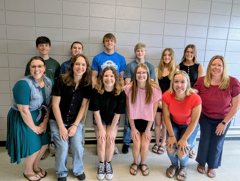 Front row: Mrs. Kelsey Sarver, Jordan VandeVenter, Norah Schultz, Nora Schneider, Samantha Woolley, Mrs. Candice Fetzer
Back row: Tim Lewis, Micah Hult, Arthur Burden, Nolan Kloepping, Kamryn Patterson, Ellie Harp