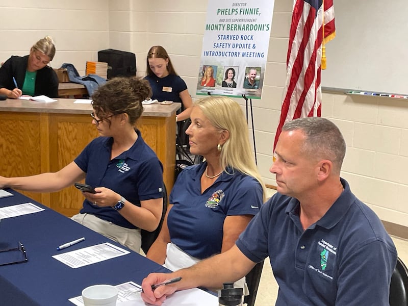 A conference Monday, July 28, 2025, underscored the need for handicapped accessibility at the parks. IDNR director Nathalie Phelps Finnie (left), state Sen. Sue Rezin and site superintendent Monty Bernardoni preside over the conference.