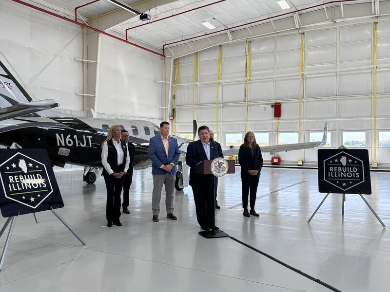 Governor JB Pritzker speaks to a crowd at the groundbreaking for the new crosswind runway project at the Morris Municipal Airport on Tuesday, Sept. 23, 2025.