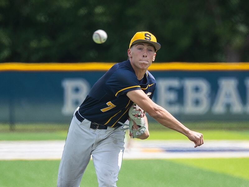 Sterling’s Jack Saathoff fires a pitch against Belvidere North Saturday, May 30, 2026, at the Class 3A Sterling baseball sectional final.